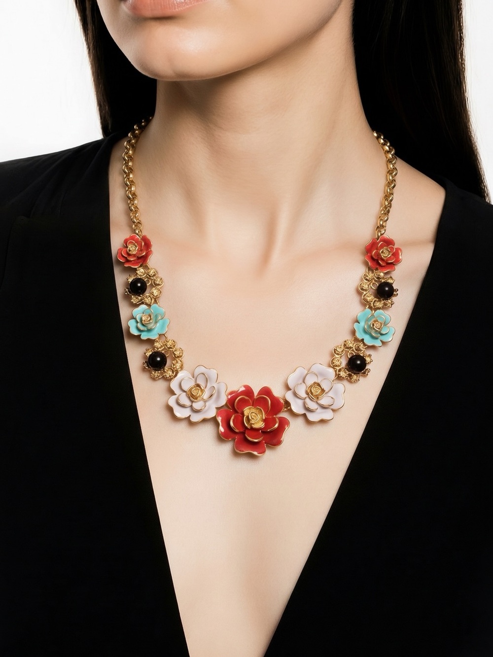 Floral Statement Necklace - Gold Chain with Red, White & Turquoise Flowers